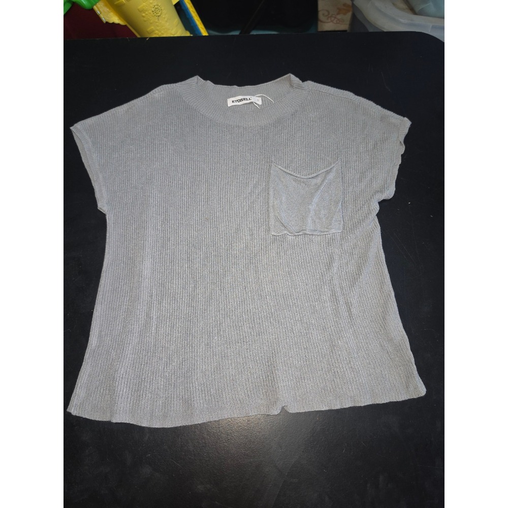 Etosell Grey Short Sleeve Ribbed Knit Crew Neck Pocket Top Size S